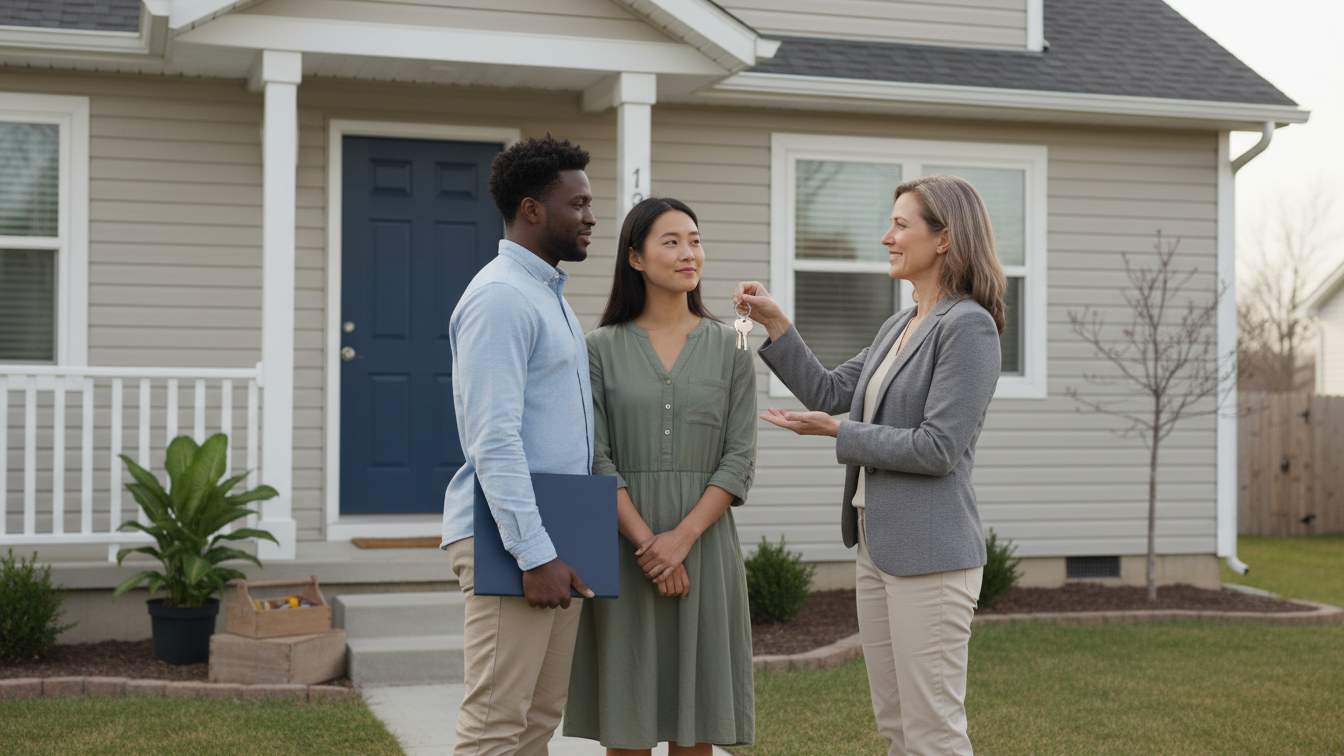Homebuyers standing in front of their new home